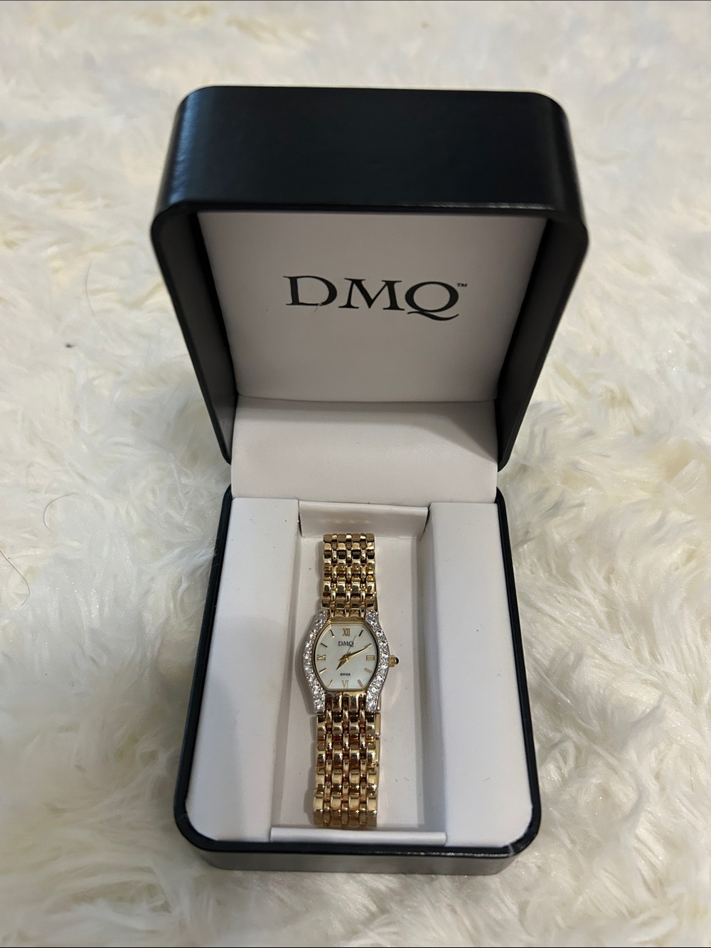 QVC DMQ Gold Tone Women's Bracelet Watch with Crystal Accents